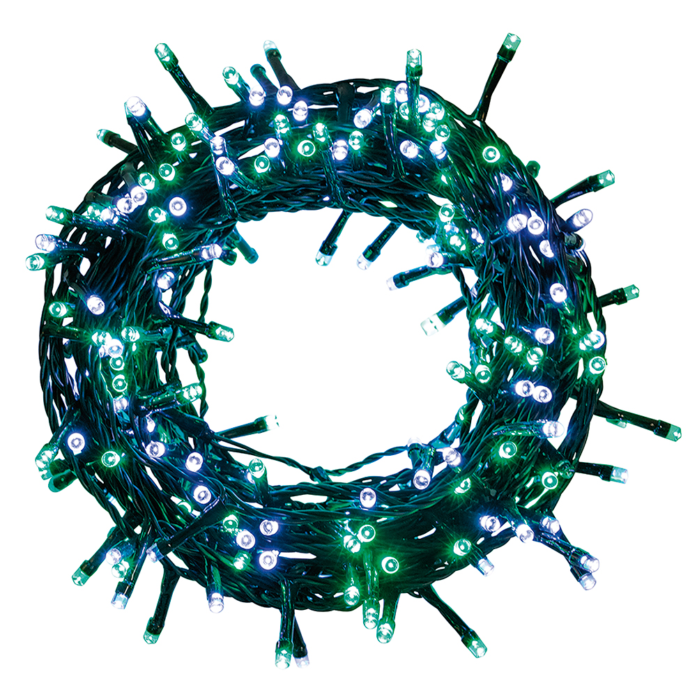 Filo 180 led bianco/verde 8 m, uso esterno, 8 giochi luce, Santa's House