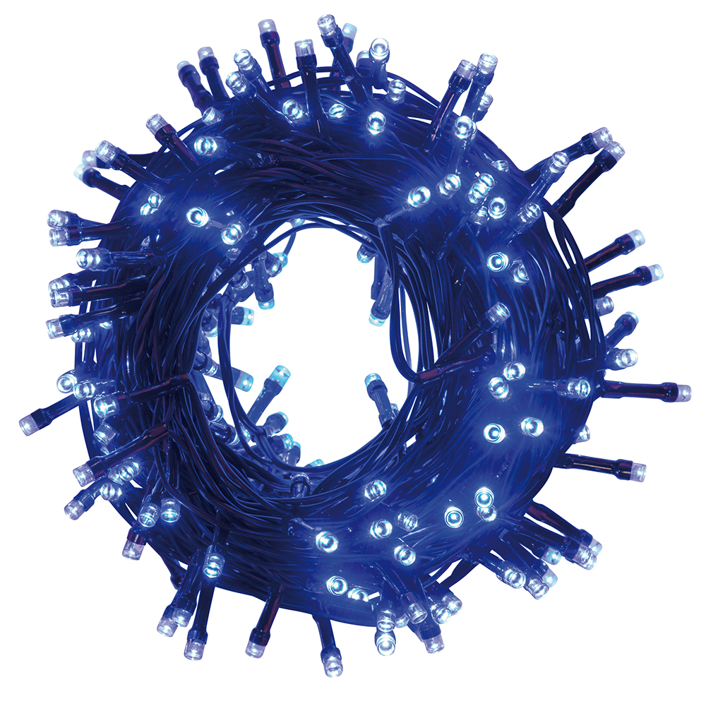 Filo 300 led blu 13,5 m, uso esterno, 8 giochi luce, Santa's House